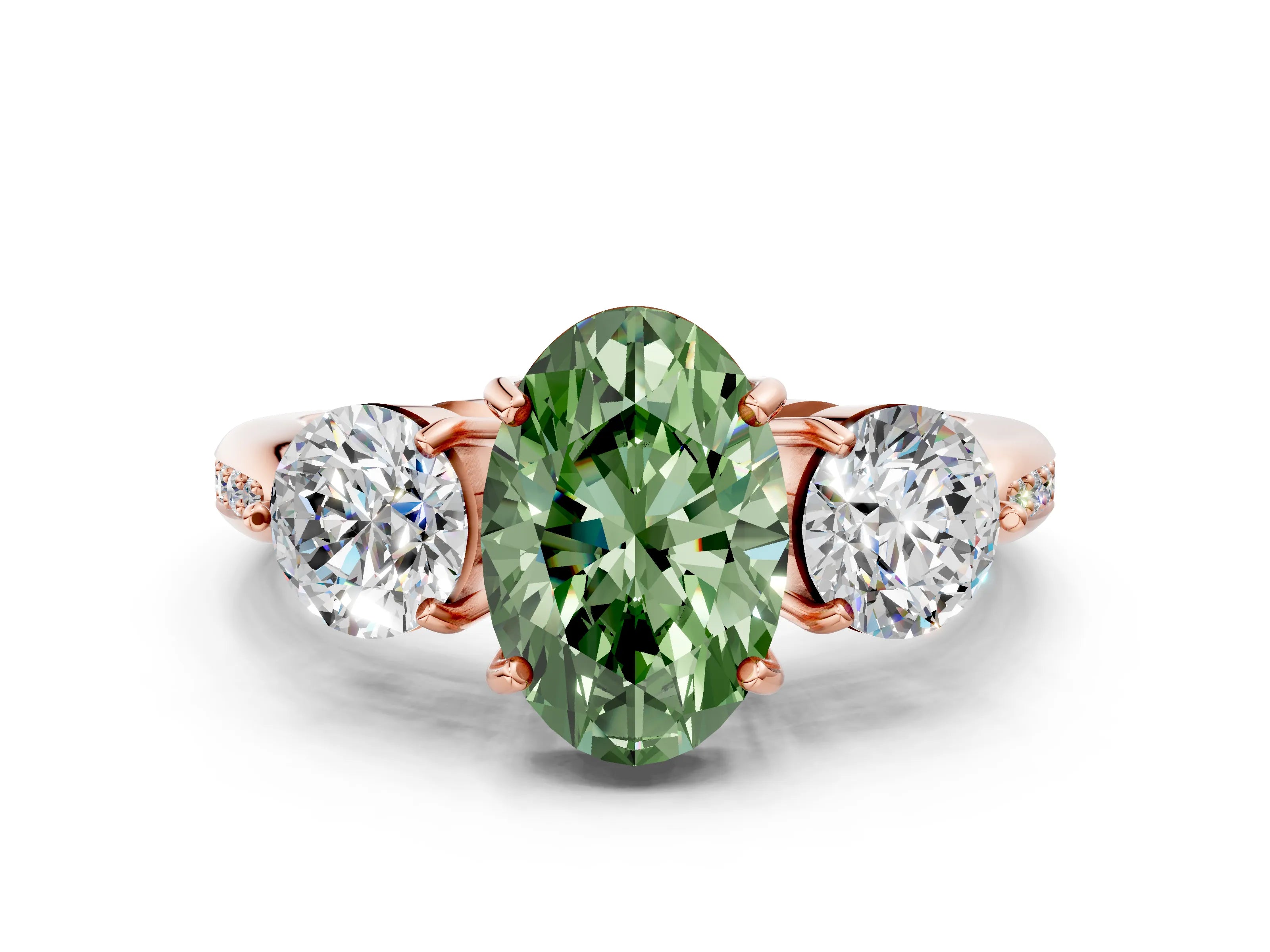Rose gold Three-Stone Fancy Green Oval Cut Diamond Channel Set Engagement Ring with Prong Setting_12
