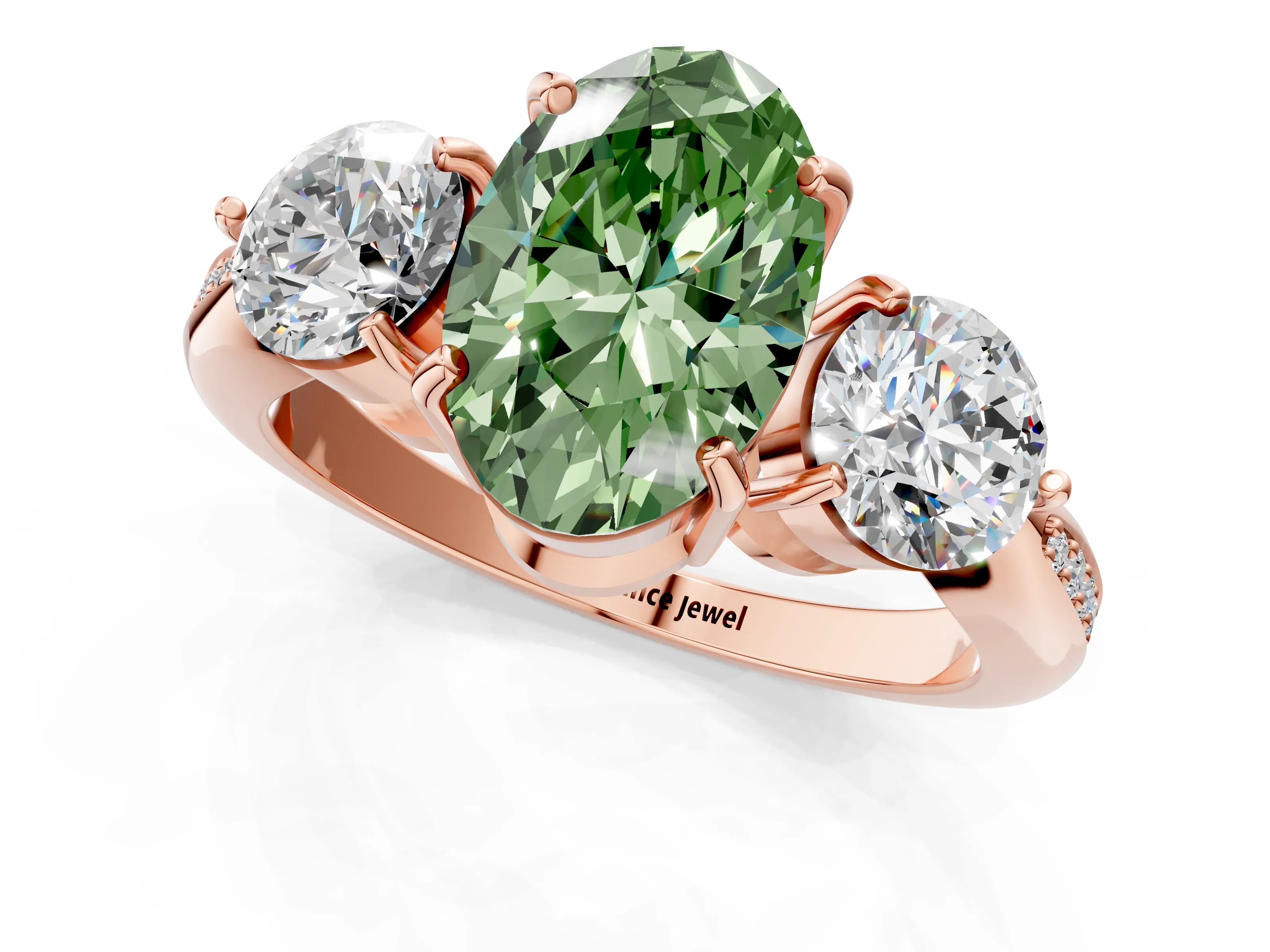 Rose gold Three-Stone Fancy Green Oval Cut Diamond Channel Set Engagement Ring with Prong Setting_13