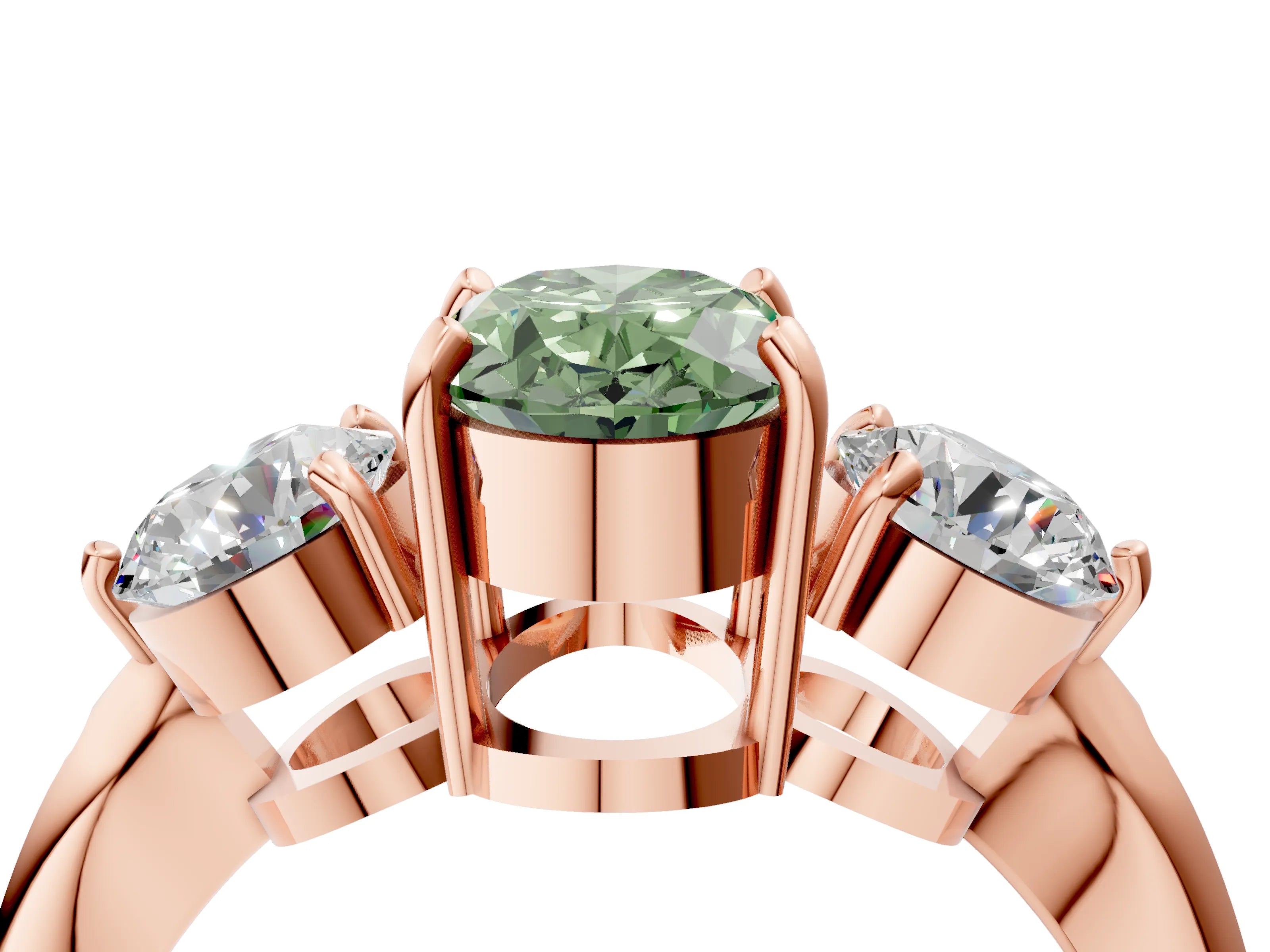 Rose gold Three-Stone Fancy Green Oval Cut Diamond Channel Set Engagement Ring with Prong Setting_4