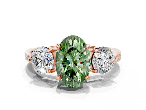 Rose gold Three-Stone Fancy Green Oval Cut Diamond Channel Set Engagement Ring with Prong Setting
