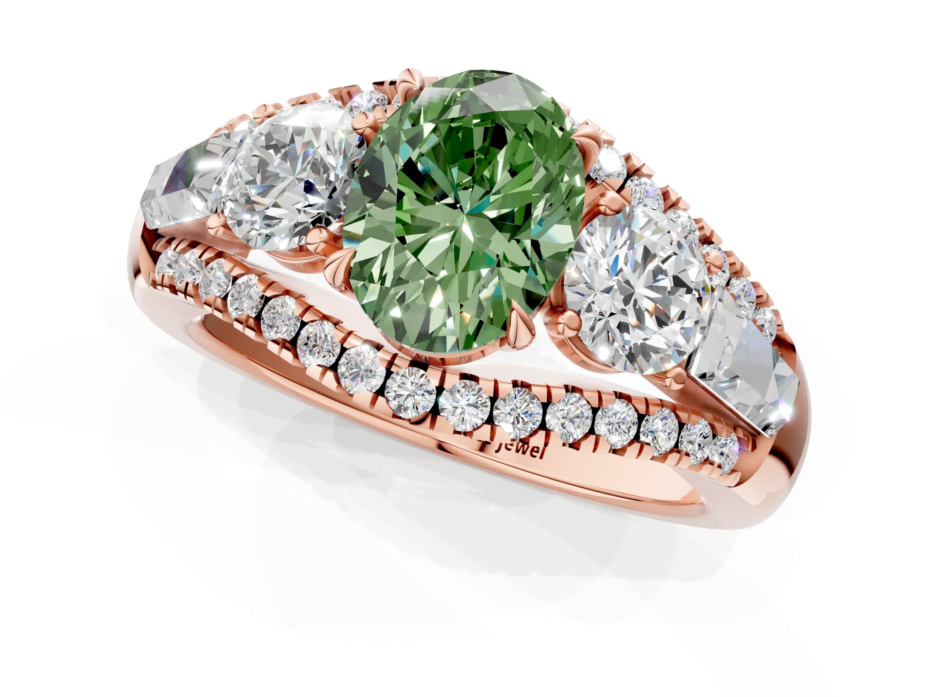 Rose gold Three-Stone Fancy Green Oval Cut Diamond Engagement Ring with Pave Band and Prong Setting_1