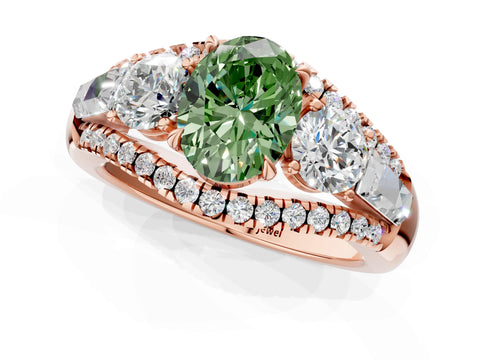 Rose gold Three-Stone Fancy Green Oval Cut Diamond Engagement Ring with Pave Band and Prong Setting_1