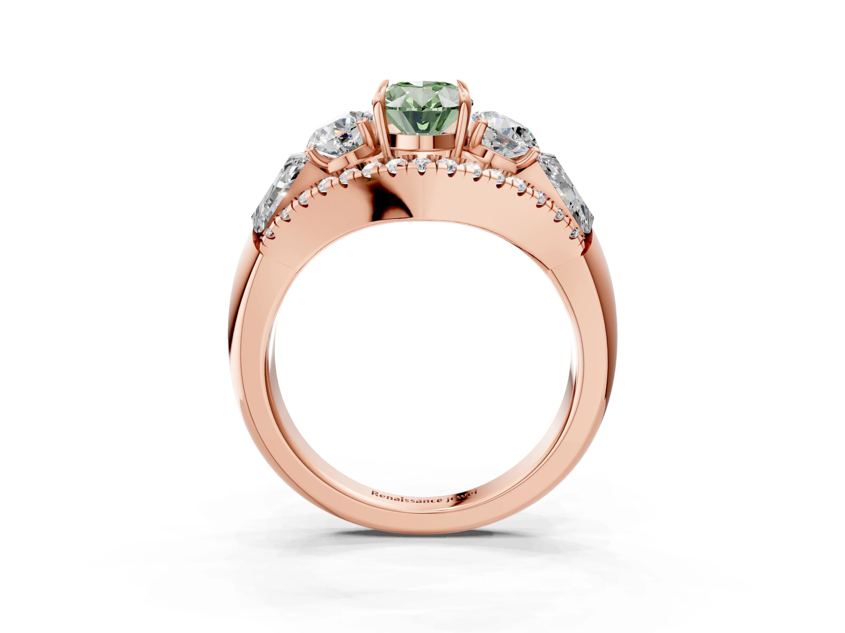 Rose gold Three-Stone Fancy Green Oval Cut Diamond Engagement Ring with Pave Band and Prong Setting_3