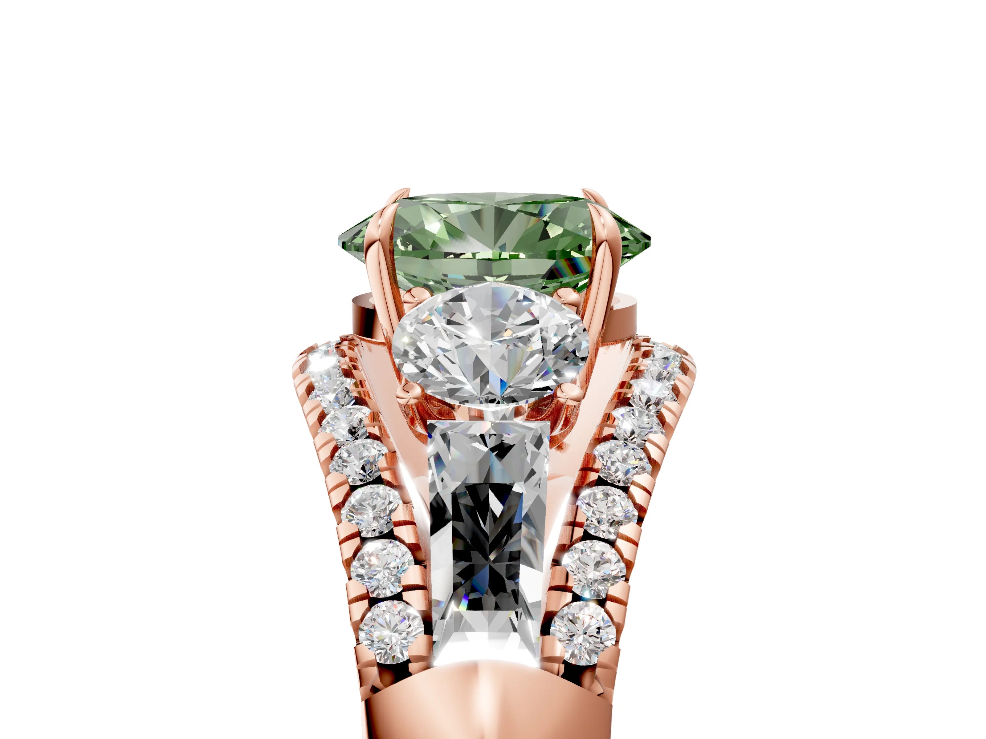 Rose gold Three-Stone Fancy Green Oval Cut Diamond Engagement Ring with Pave Band and Prong Setting_5