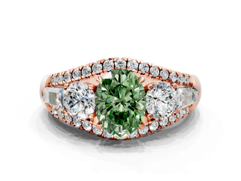 Rose gold Three-Stone Fancy Green Oval Cut Diamond Engagement Ring with Pave Band and Prong Setting
