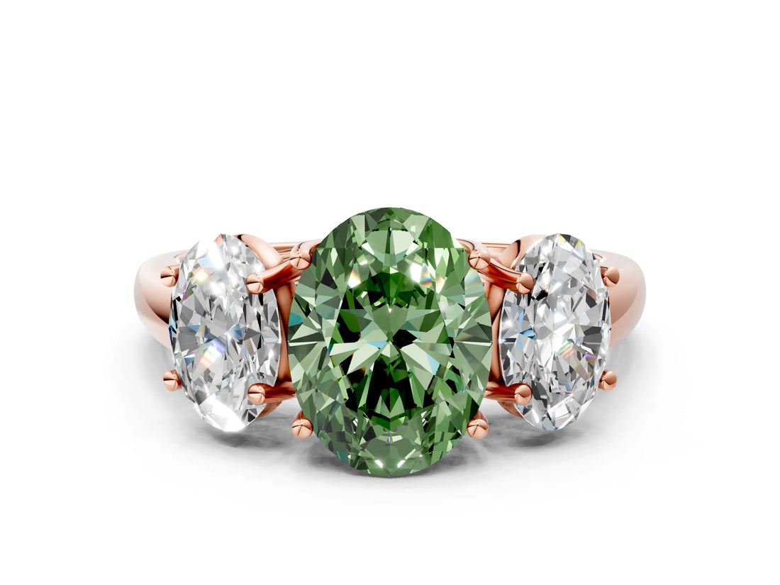 Rose gold Three-Stone Fancy Green Oval Cut Diamond Engagement Ring with Prong Setting_3