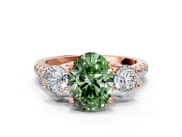 Rose gold Three-Stone Fancy Green Oval Cut Diamond Pavé Band with Four-Prong Setting