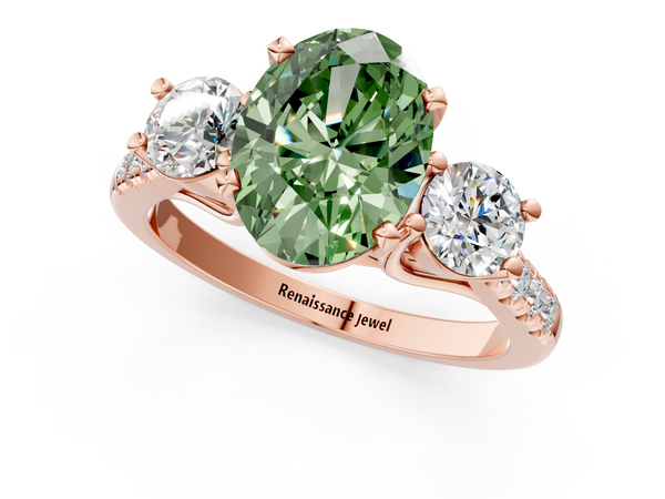 Rose gold Three-Stone Fancy Green Oval Cut Diamond Pavé Band with Four-Prong Setting