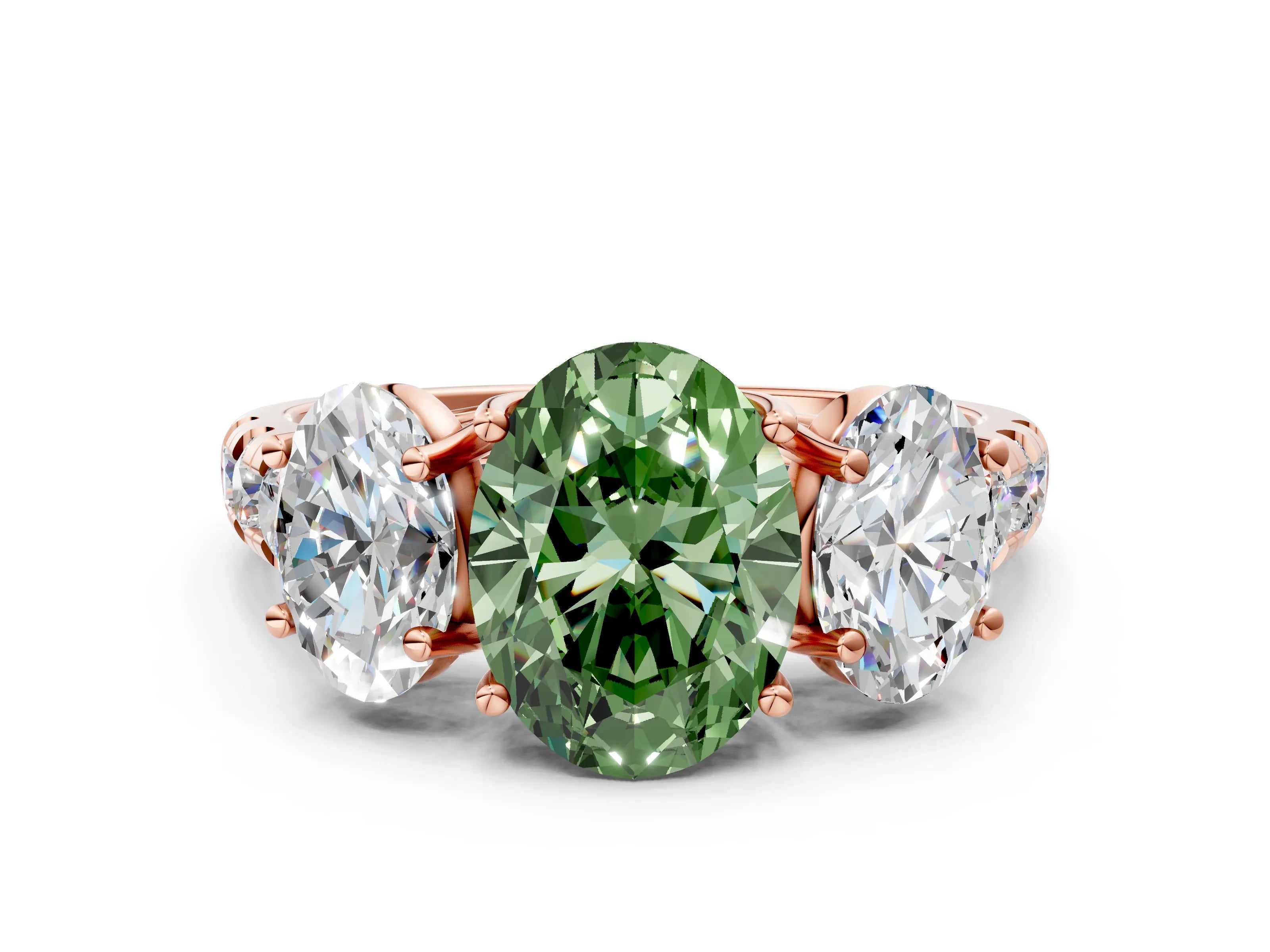 Rose gold Three-Stone Fancy Green Oval Cut Diamond Pavé Band with Prong Setting