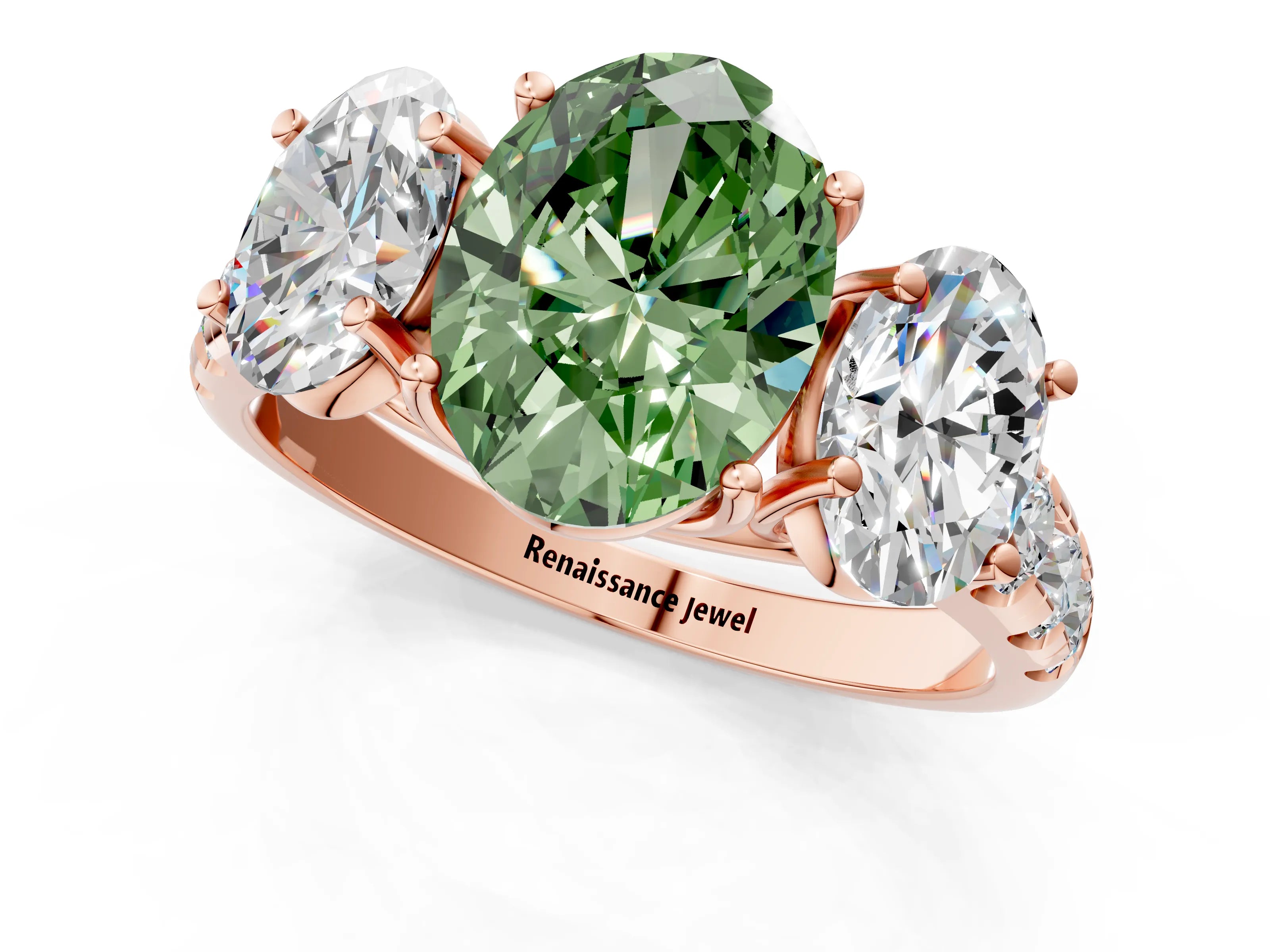 Rose gold Three-Stone Fancy Green Oval Cut Diamond Pavé Band with Prong Setting_1