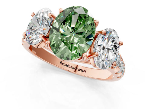 Rose gold Three-Stone Fancy Green Oval Cut Diamond Pavé Band with Prong Setting_1