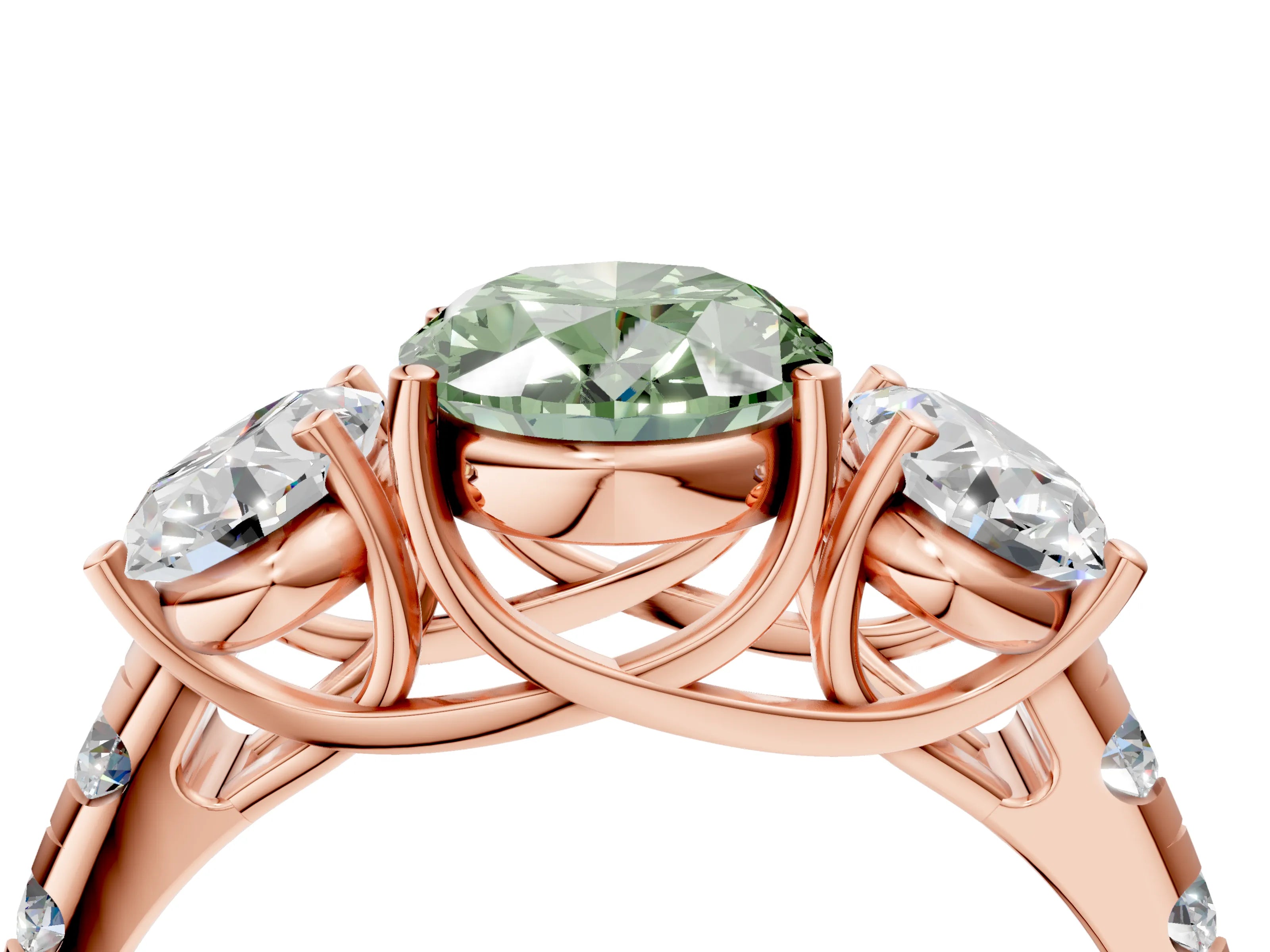 Rose gold Three-Stone Fancy Green Oval Cut Diamond Pavé Band with Prong Setting_4