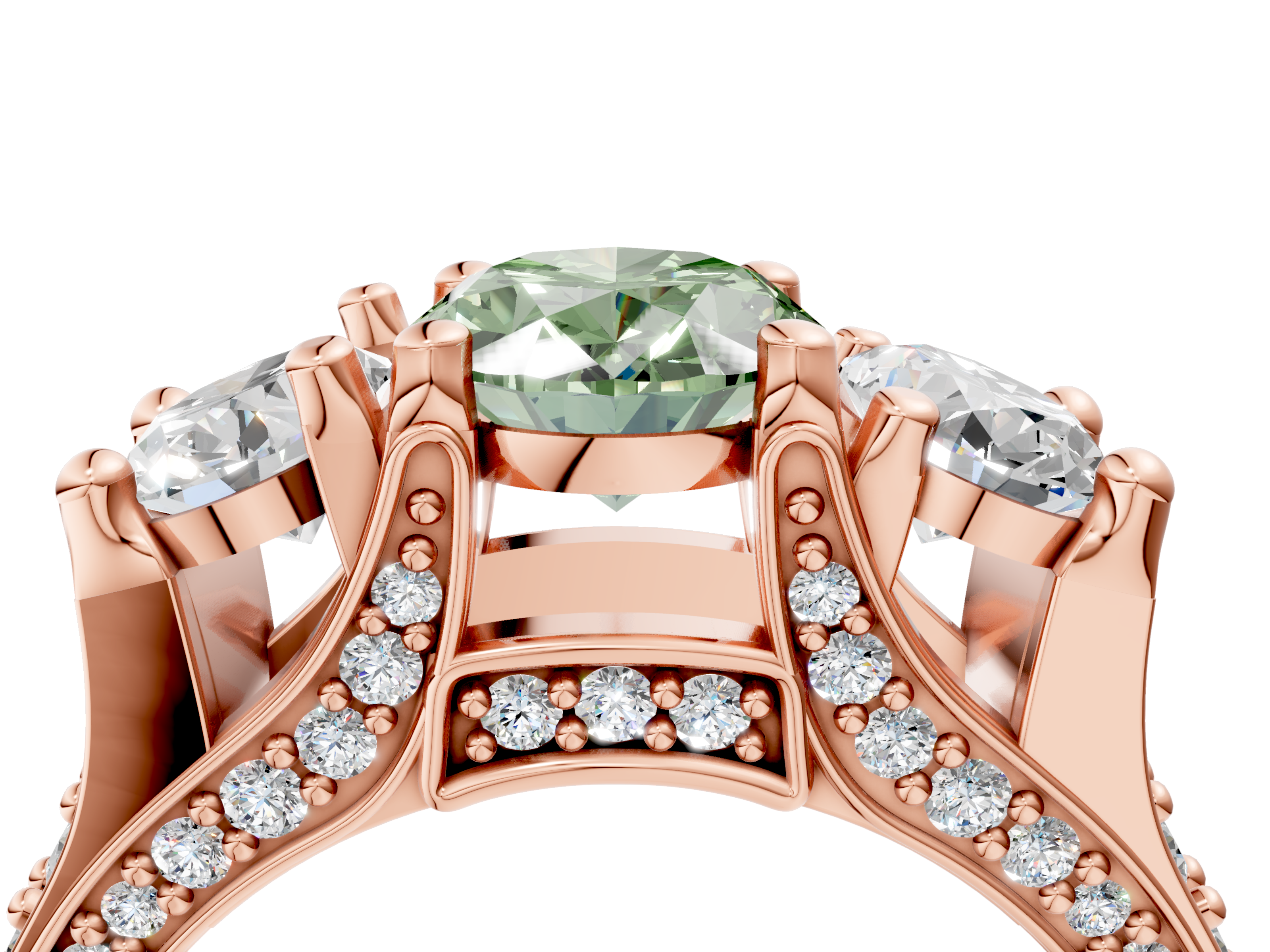 Rose gold Three-Stone Fancy Green Oval  Cut Diamond Ring with Channel-Set Band and Four-Prong Setting_39
