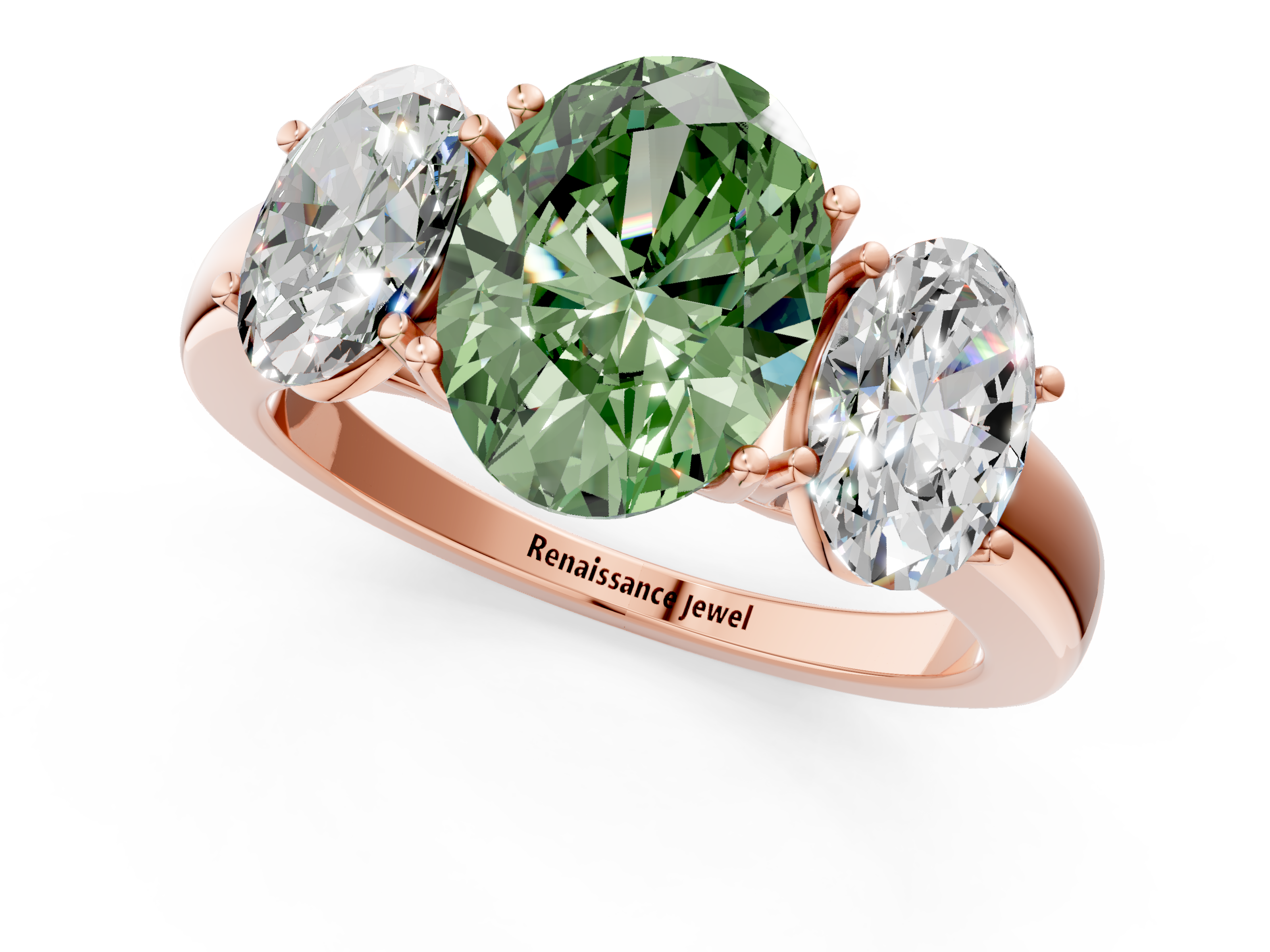 Rose gold Three-Stone Fancy Green Oval  Cut Diamond Ring with Channel-Set Band and Four-Prong Setting_49