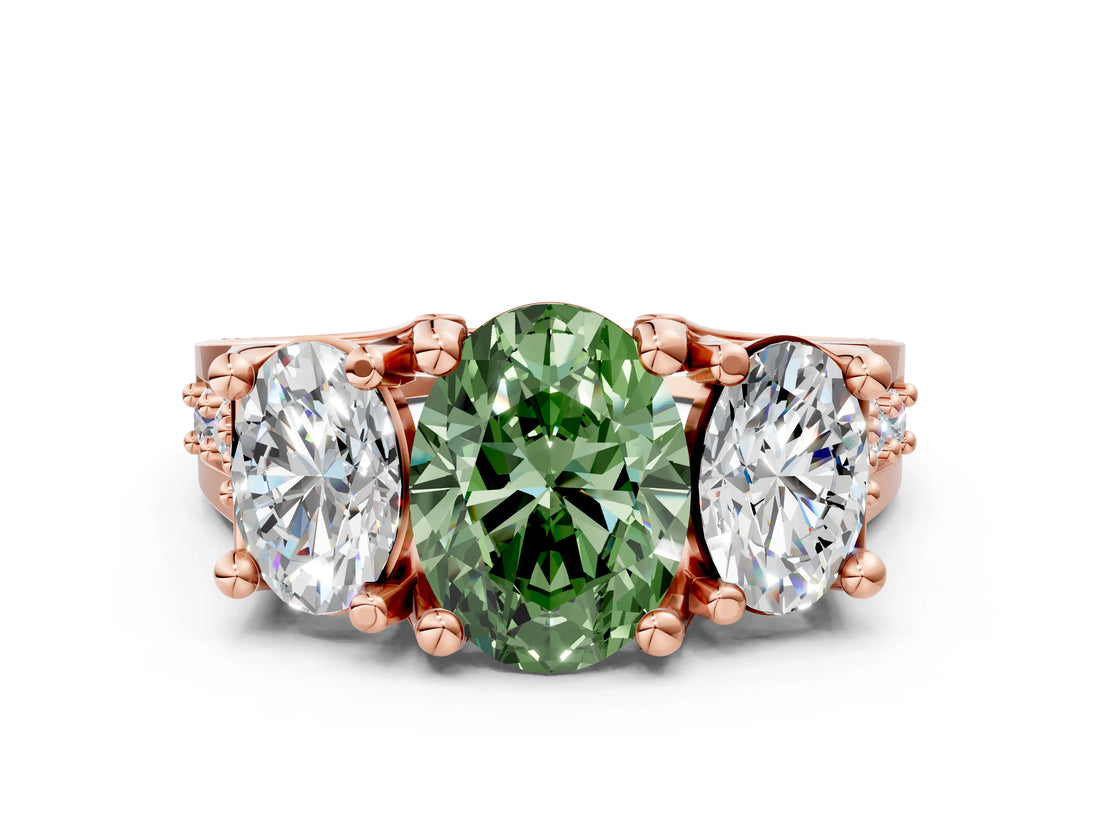 Rose gold Three-Stone Fancy Green Oval  Cut Diamond Ring with Channel-Set Band and Four-Prong Setting_52