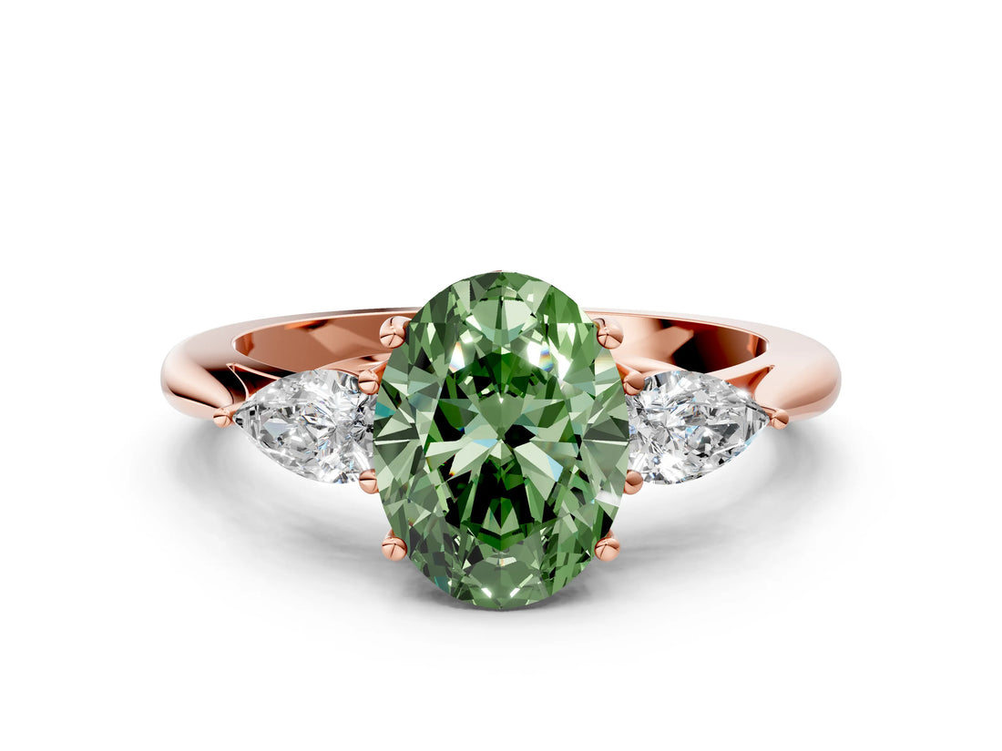Rose gold Three-Stone Fancy Green Oval Cut Diamond Ring with Pear  Side Stones in Four-Prong Setting_36