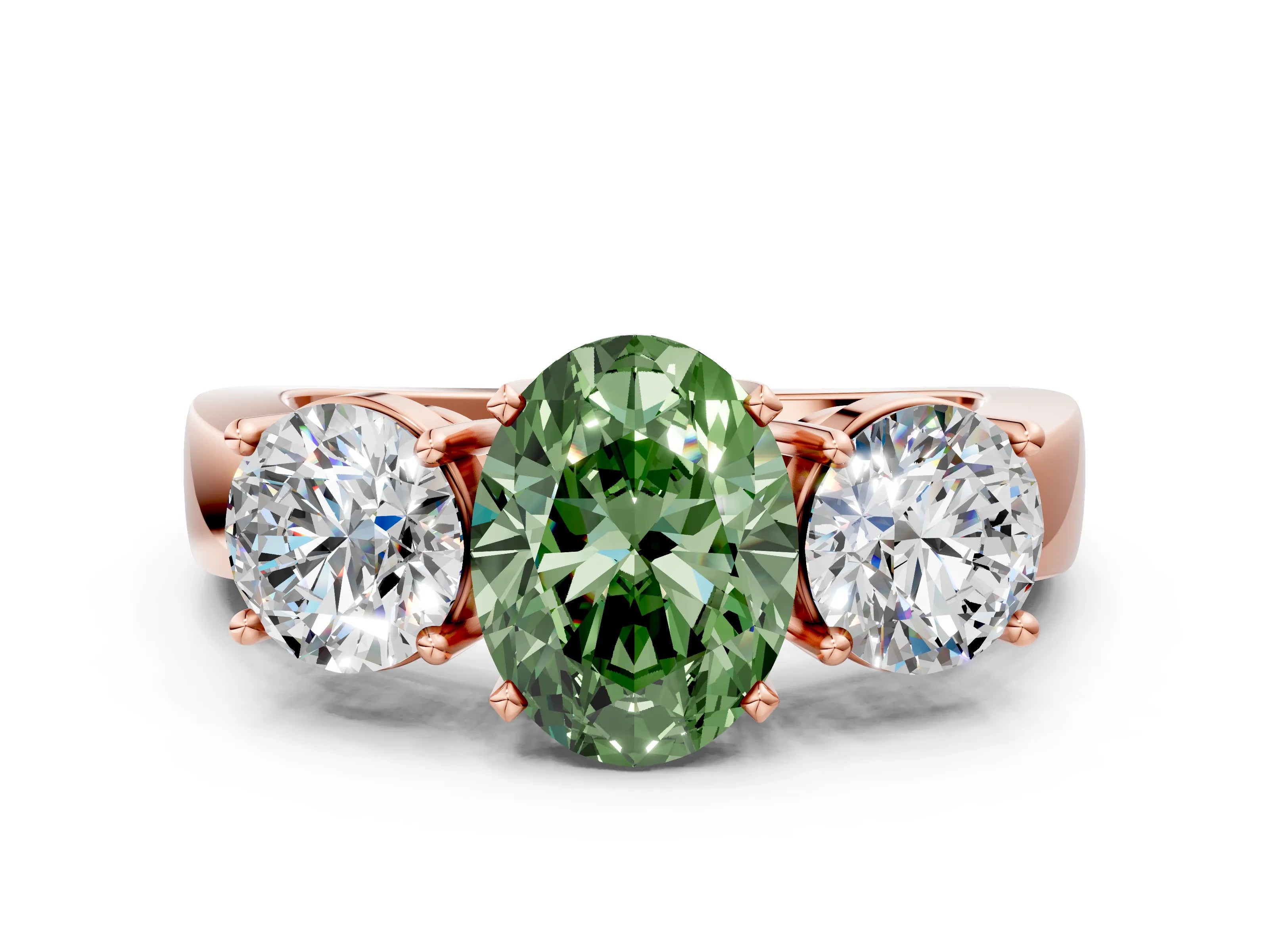 Rose gold Three-Stone Fancy Green Oval Cut Diamond Ring with Round Side Stones, Classic Band, and Four-Prong Setting