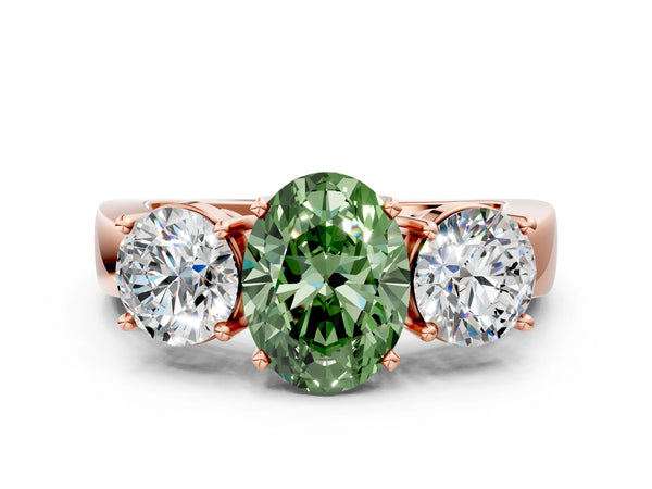 Rose gold Three-Stone Fancy Green Oval Cut Diamond Ring with Round Side Stones, Classic Band, and Four-Prong Setting