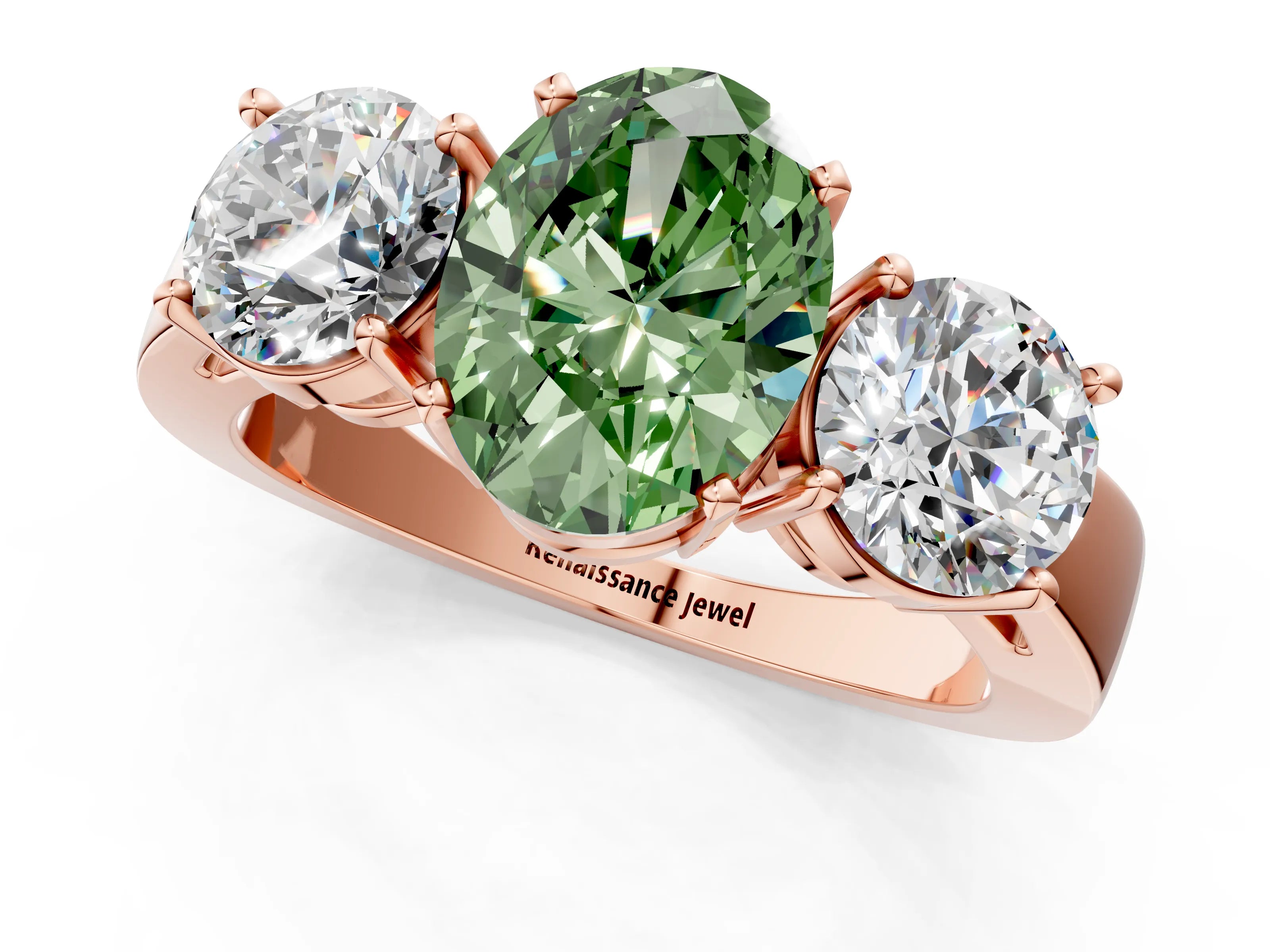 Rose gold Three-Stone Fancy Green Oval Cut Diamond Ring with Round Side Stones, Classic Band, and Four-Prong Setting_1