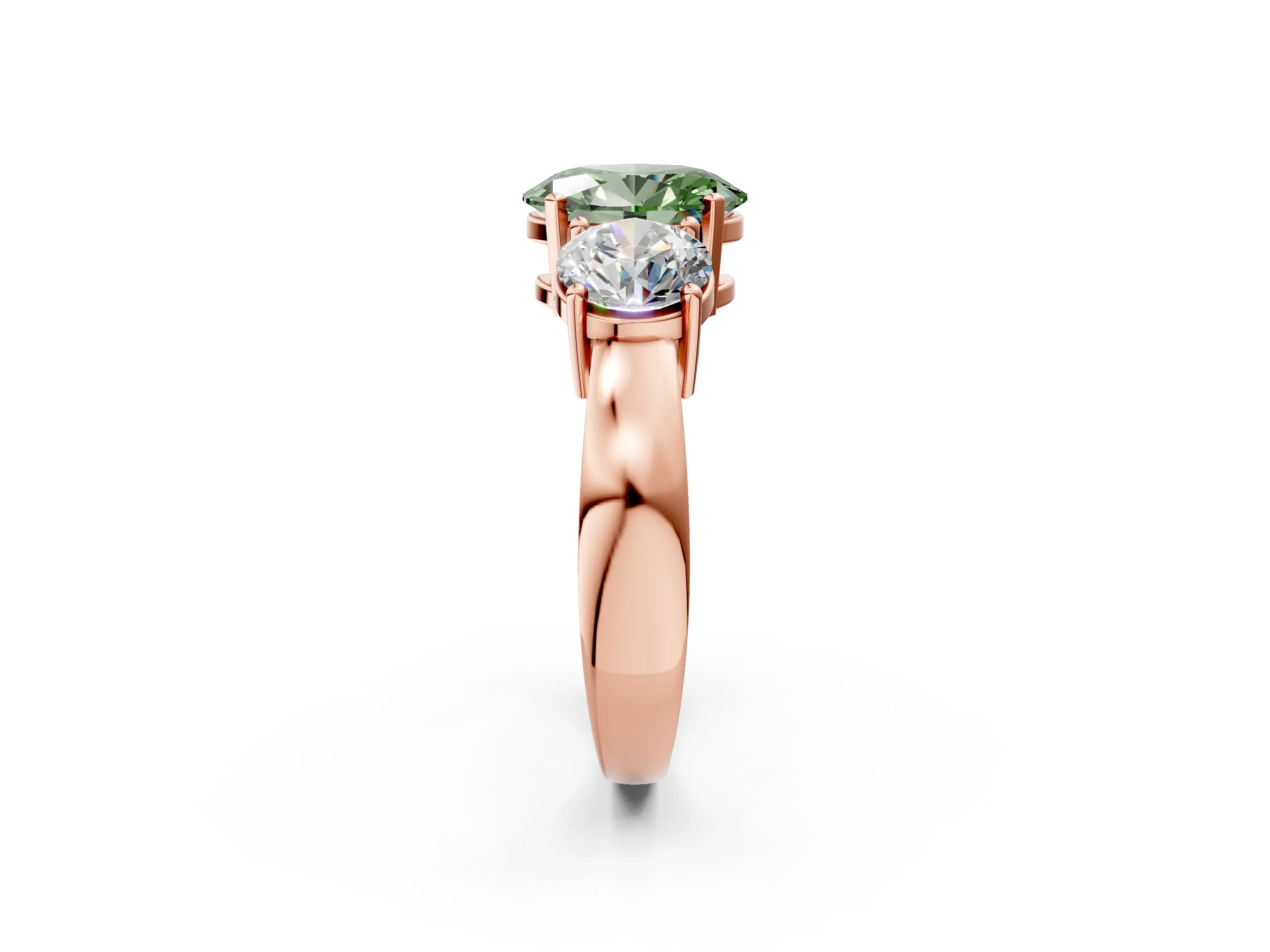 Rose gold Three-Stone Fancy Green Oval Cut Diamond Ring with Round Side Stones, Classic Band, and Four-Prong Setting_2