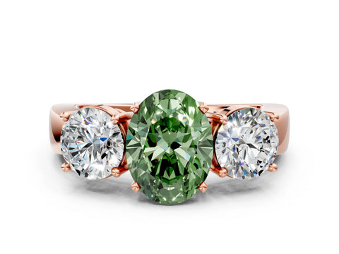 Rose gold Three-Stone Fancy Green Oval Cut Diamond Ring with Round Side Stones, Classic Band, and Four-Prong Setting