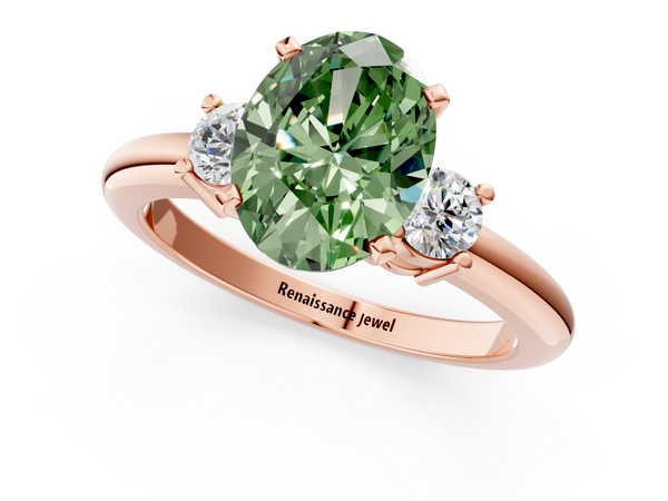 Rose gold Three-Stone Fancy Green Oval  Cut Diamond Solitaire with Prong Setting and Classic Band