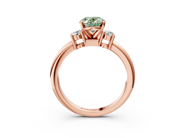 Rose gold Three-Stone Fancy Green Oval  Cut Diamond Solitaire with Prong Setting and Classic Band