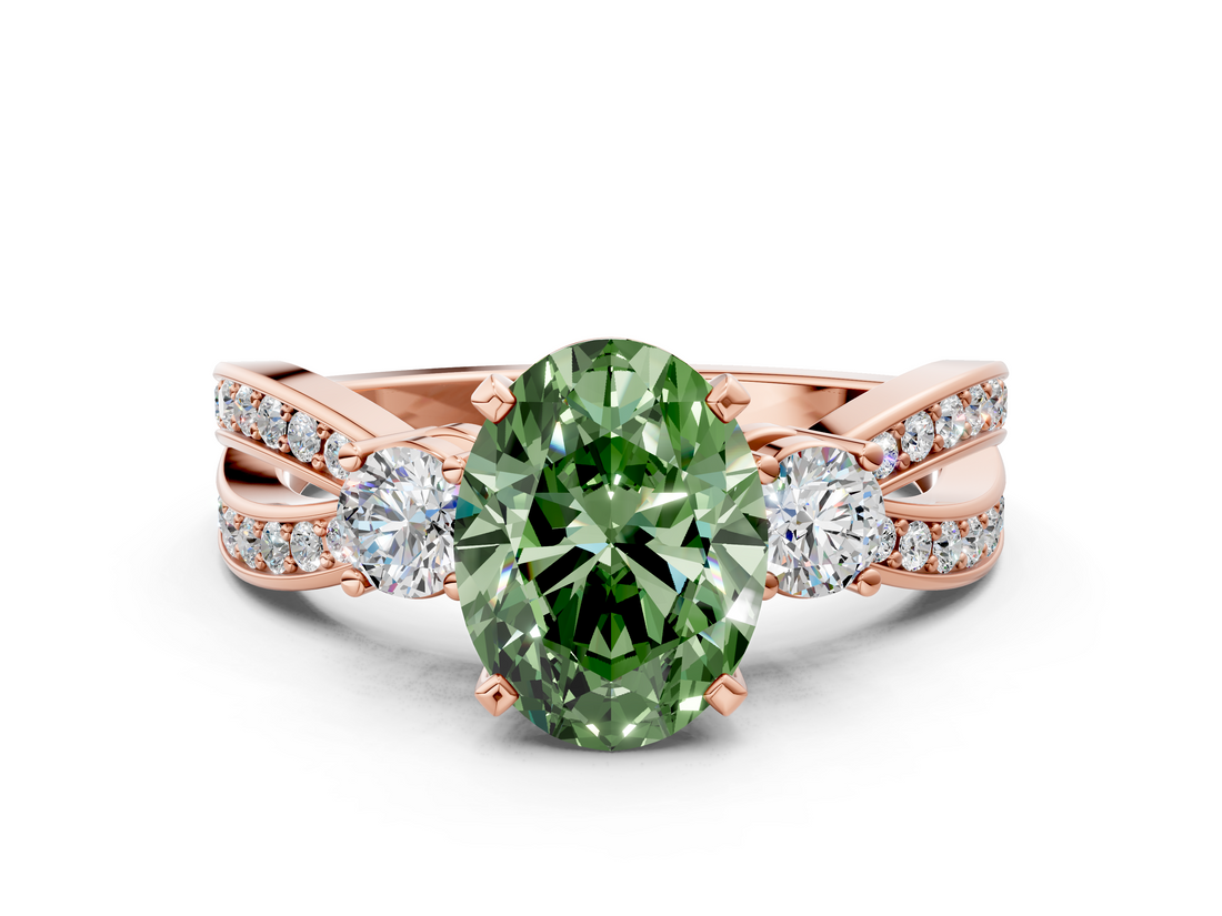 Rose gold Three-Stone Fancy Green Oval  Cut Diamond Twist Band with Prong Setting_37