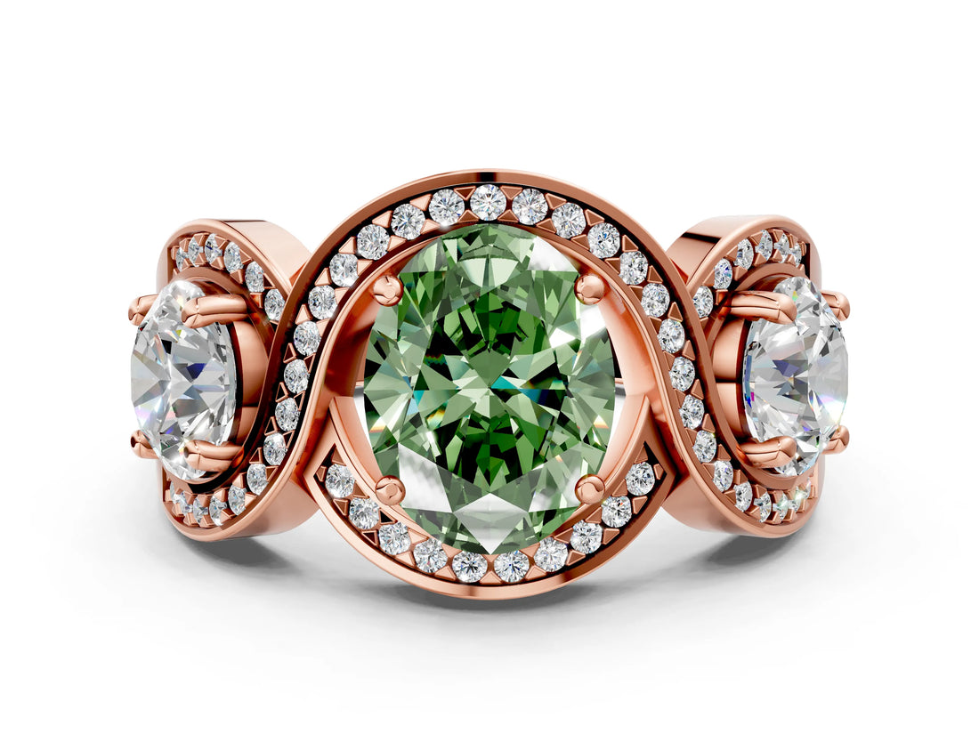 Rose gold Three-Stone Fancy Green Oval Cut Diamond Wave Pave Band with Prong Setting