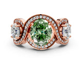 Rose gold Three-Stone Fancy Green Oval Cut Diamond Wave Pave Band with Prong Setting