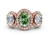 Rose gold Three-Stone Fancy Green Oval Cut Halo Diamond Milgrain Band with Four-Prong Setting