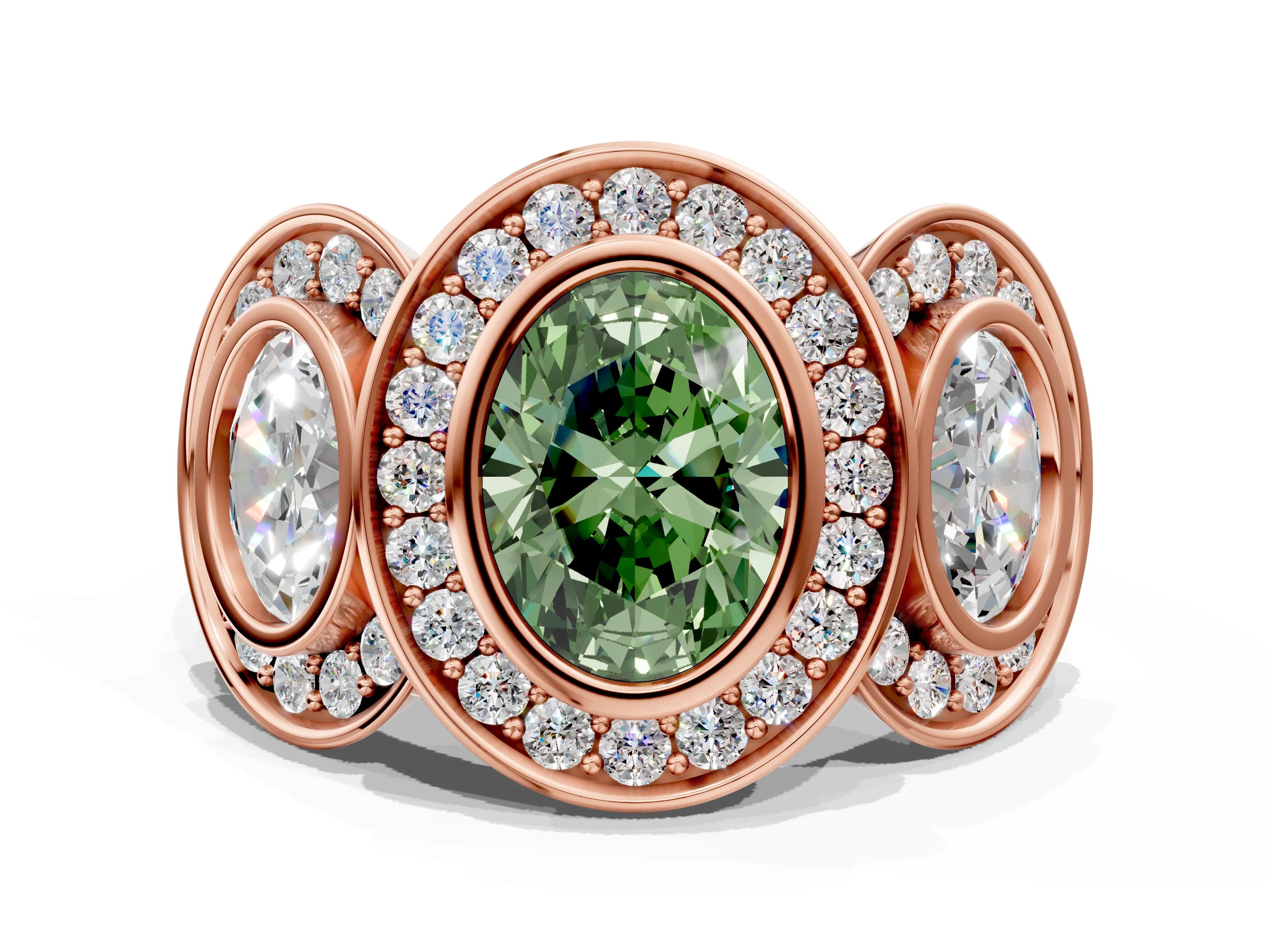 Rose gold Three-Stone Fancy Green Oval Cut Halo Pavé Diamond Ring