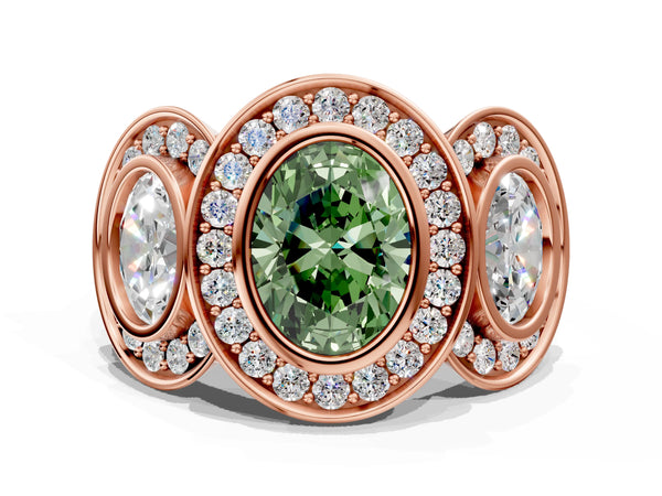 Rose Gold Oval Bezel Three Stone Halo Engagement Ring Setting for Fancy Green Center