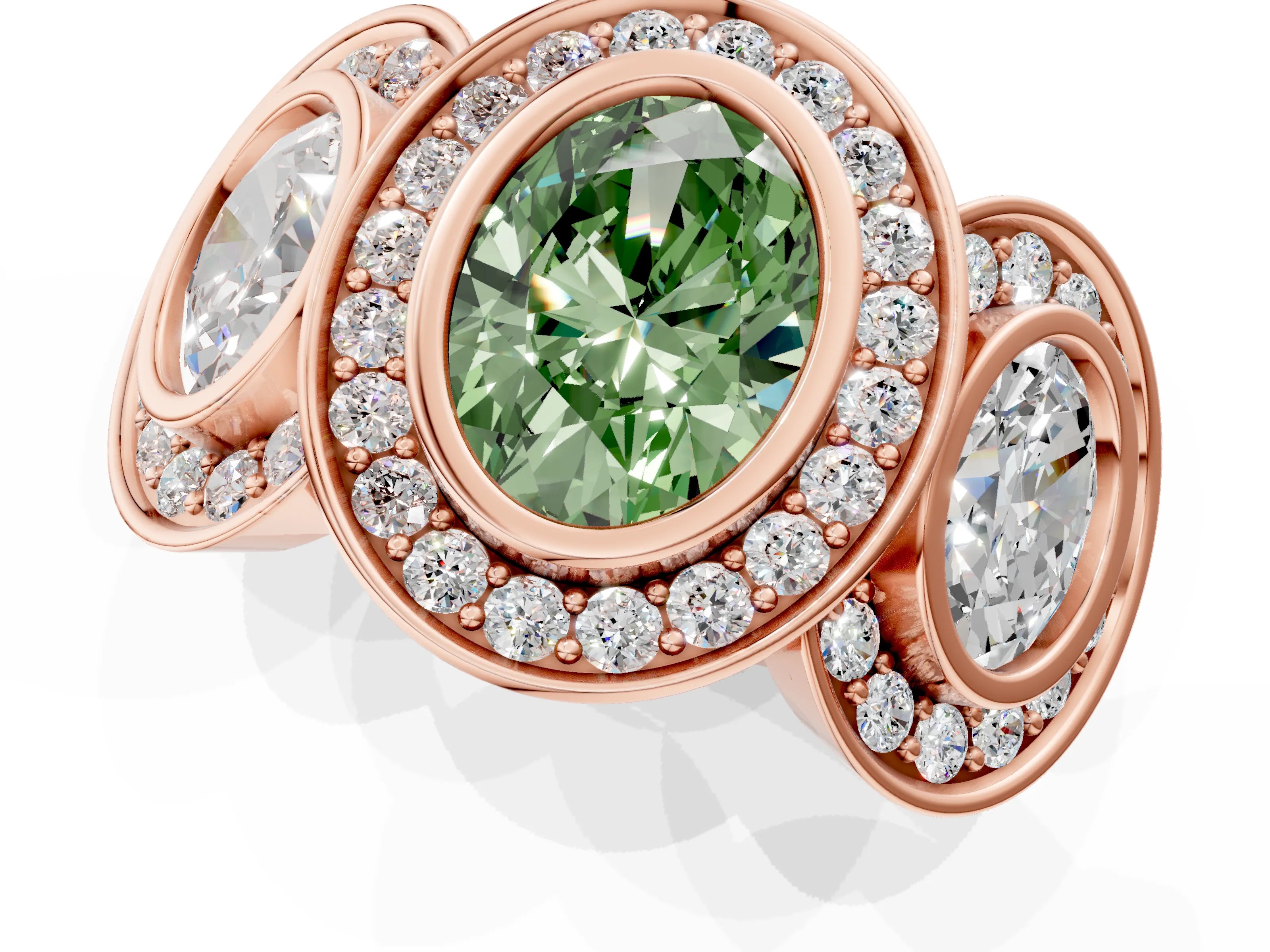 Rose gold Three-Stone Fancy Green Oval Cut Halo Pavé Diamond Ring_1