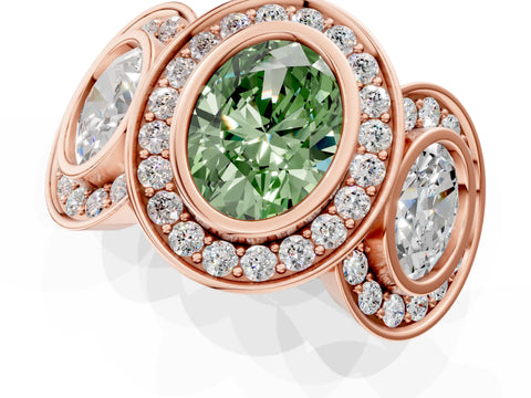 Rose gold Three-Stone Fancy Green Oval Cut Halo Pavé Diamond Ring_1