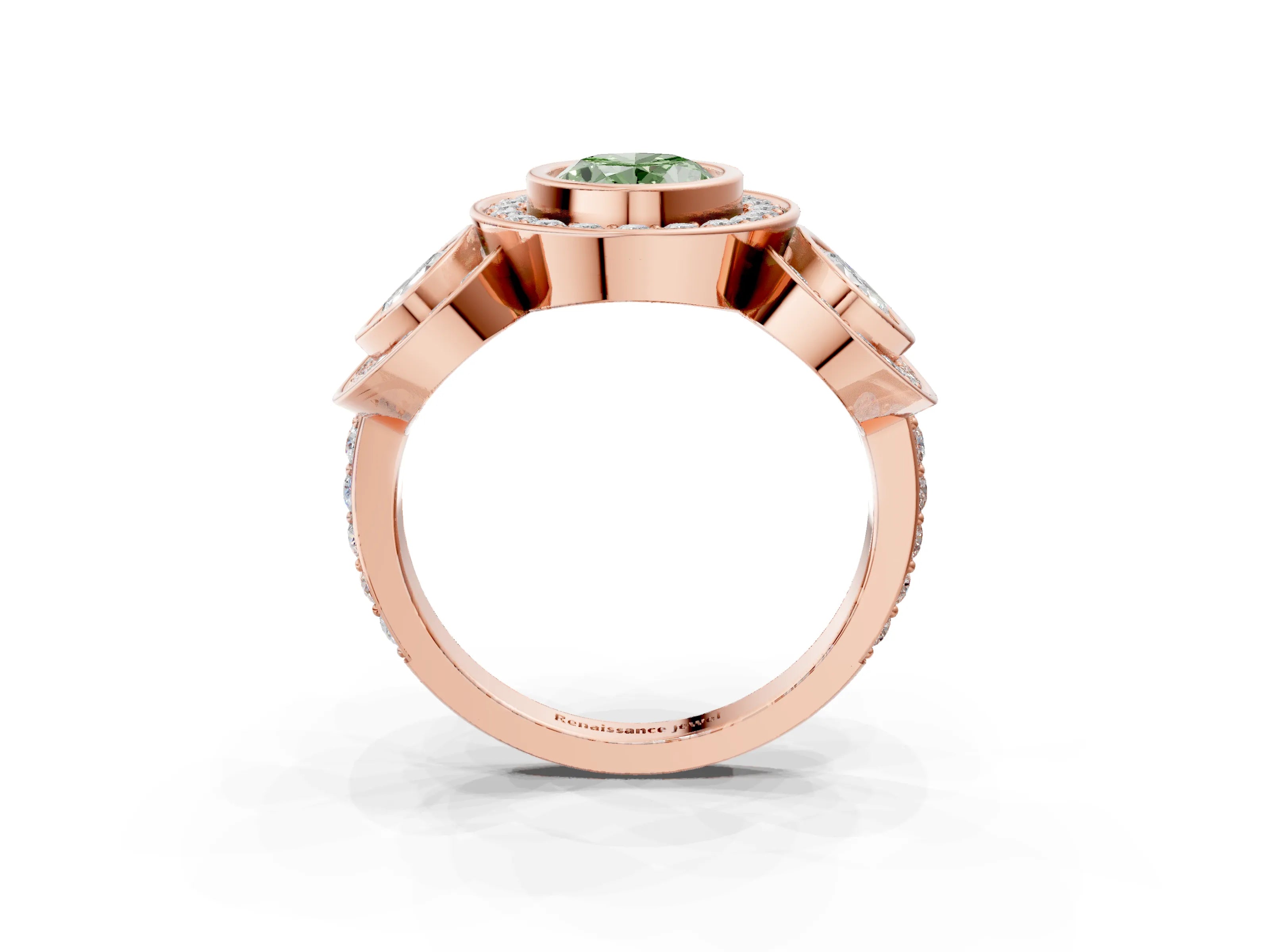 Rose gold Three-Stone Fancy Green Oval Cut Halo Pavé Diamond Ring_3