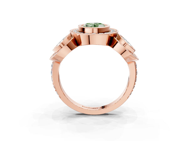 Rose Gold Oval Bezel Three Stone Halo Engagement Ring Setting for Fancy Green Center