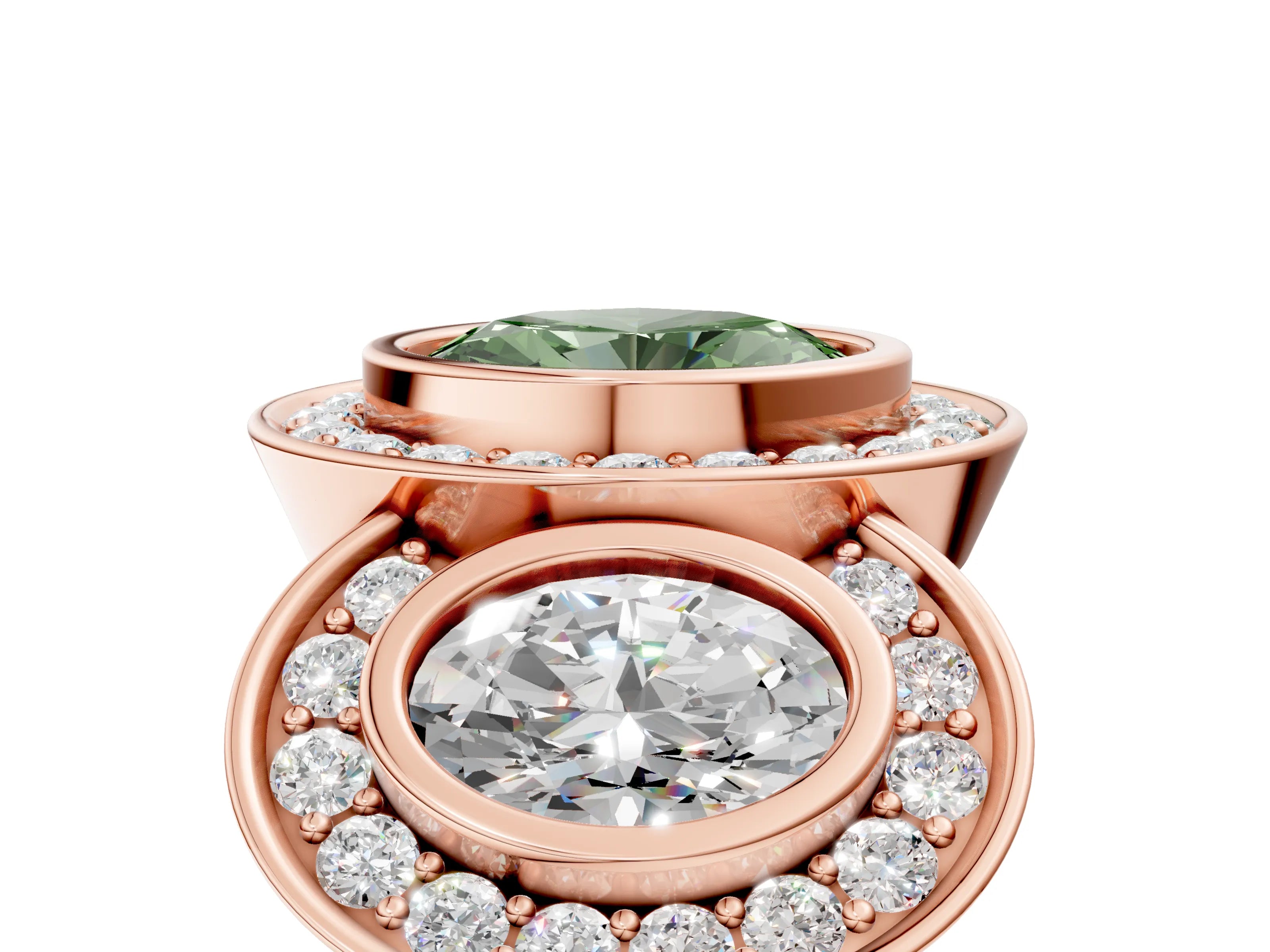 Rose gold Three-Stone Fancy Green Oval Cut Halo Pavé Diamond Ring_5
