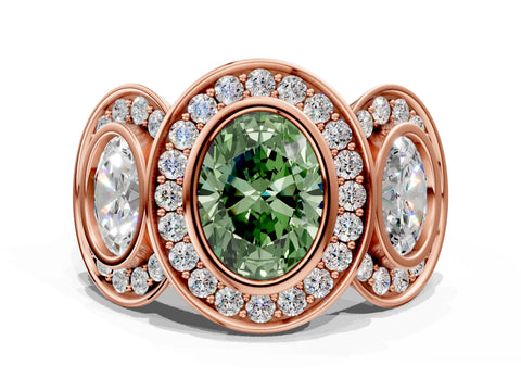 Rose gold Three-Stone Fancy Green Oval Cut Halo Pavé Diamond Ring
