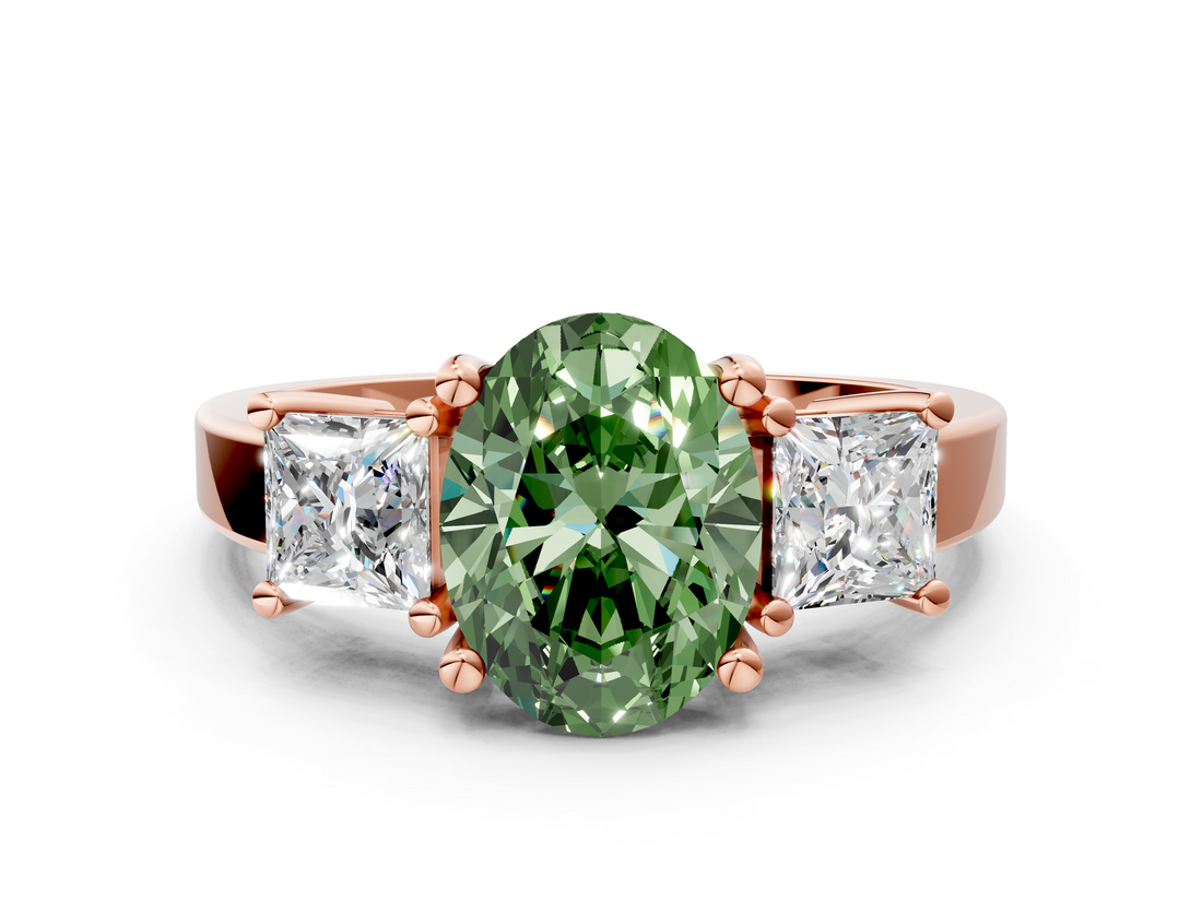 Rose gold Three-Stone Fancy Green Oval  Cut Solitaire Ring with Prong Setting_3