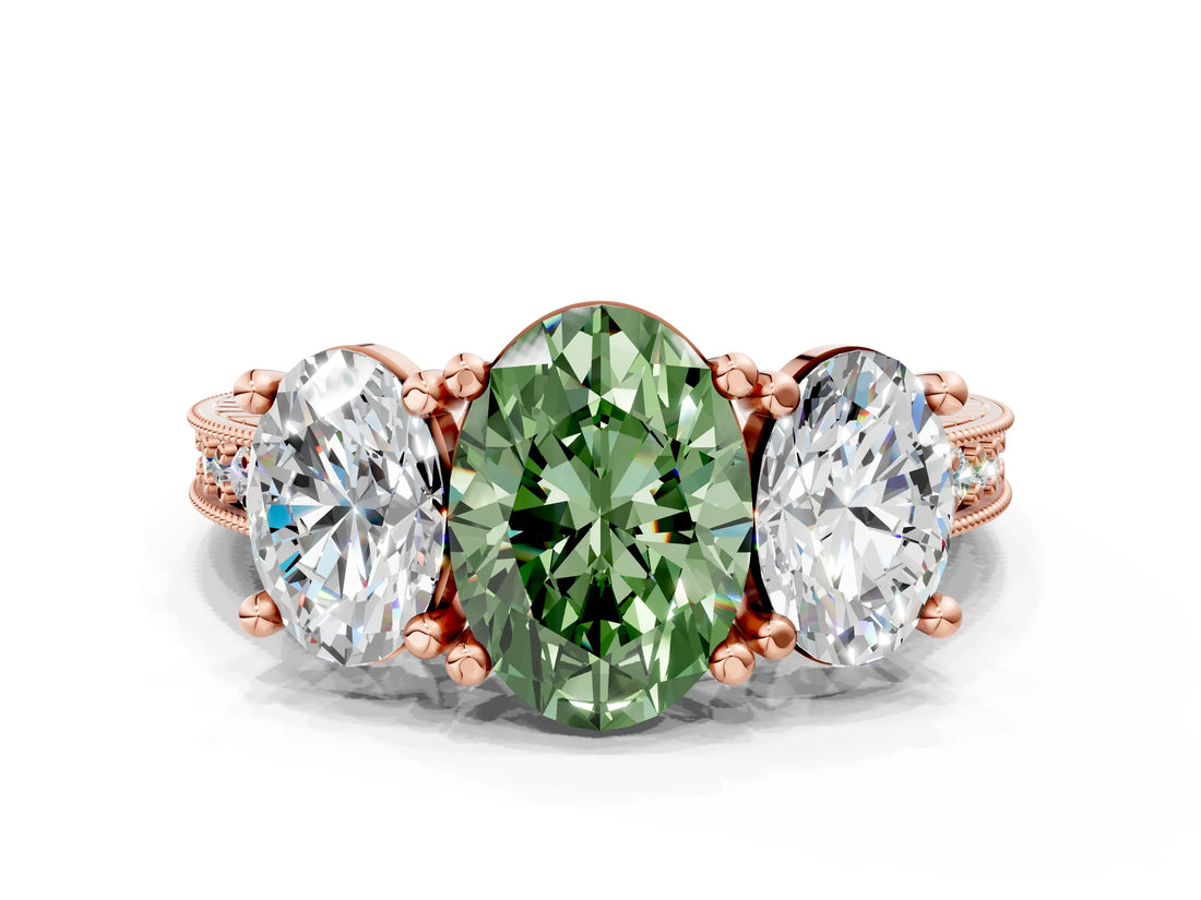Rose gold Three-Stone Fancy Green Oval  Diamond Milgrain Pave Band with Prong Setting 1