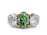 Rose gold Three-Stone Fancy Green Oval  Diamond Milgrain Pave Band with Prong Setting 1