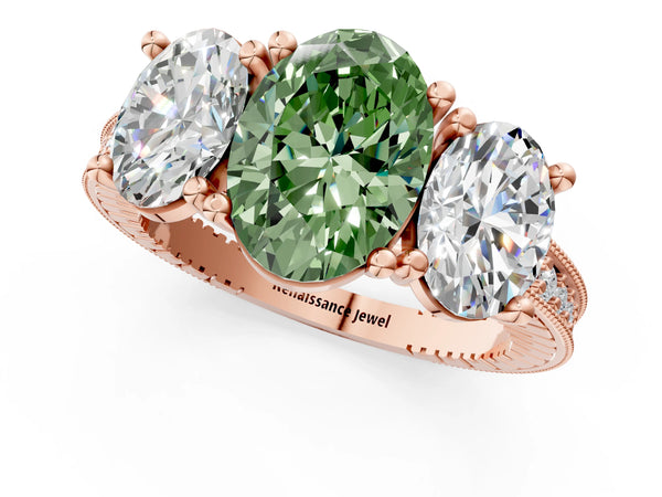 Rose gold Three-Stone Fancy Green Oval  Diamond Milgrain Pave Band with Prong Setting