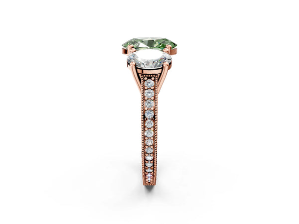 Rose gold Three-Stone Fancy Green Oval  Diamond Milgrain Pave Band with Prong Setting