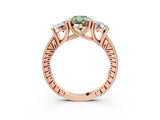 Rose gold Three-Stone Fancy Green Oval  Diamond Milgrain Pave Band with Prong Setting 4