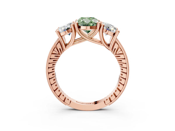 Rose gold Three-Stone Fancy Green Oval  Diamond Milgrain Pave Band with Prong Setting