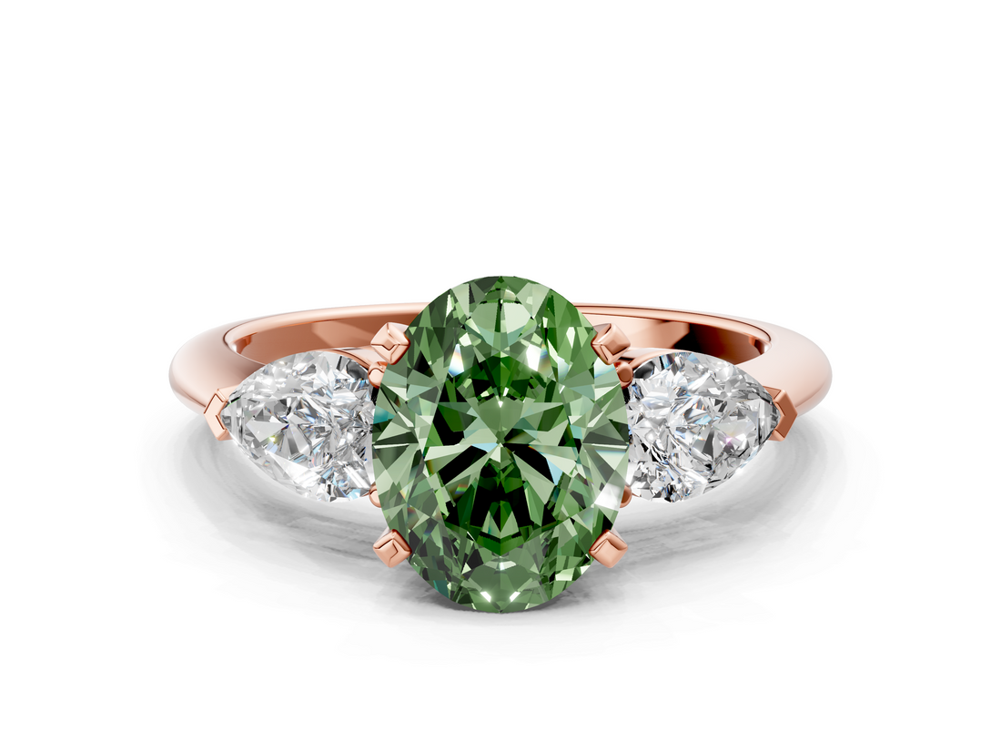 Rose gold Three-Stone Fancy Green Oval  Diamond Ring with Pear Side Stones in Four-Prong Setting_25