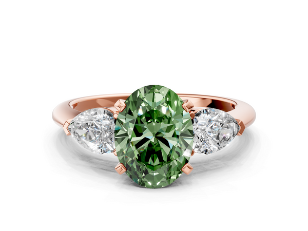 Rose gold Three-Stone Fancy Green Oval Cut Diamond Ring with Pear Side Stones and Four-Prong Setting