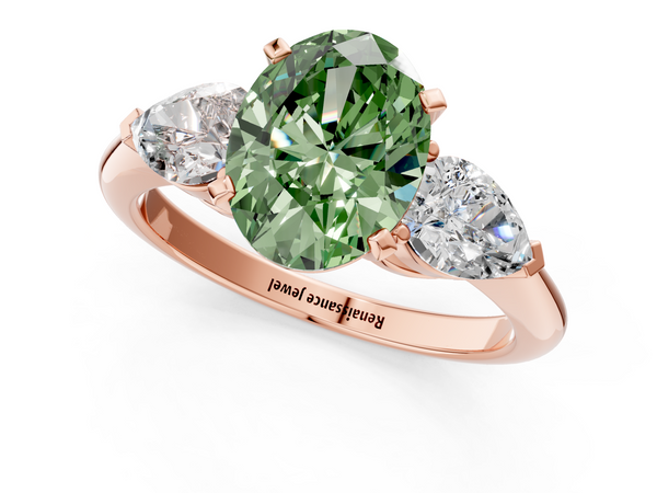 Rose gold Three-Stone Fancy Green Oval Cut Diamond Ring with Pear Side Stones and Four-Prong Setting