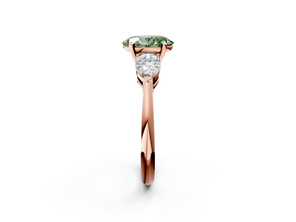 Rose gold Three-Stone Fancy Green Oval Cut Diamond Ring with Pear Side Stones and Four-Prong Setting